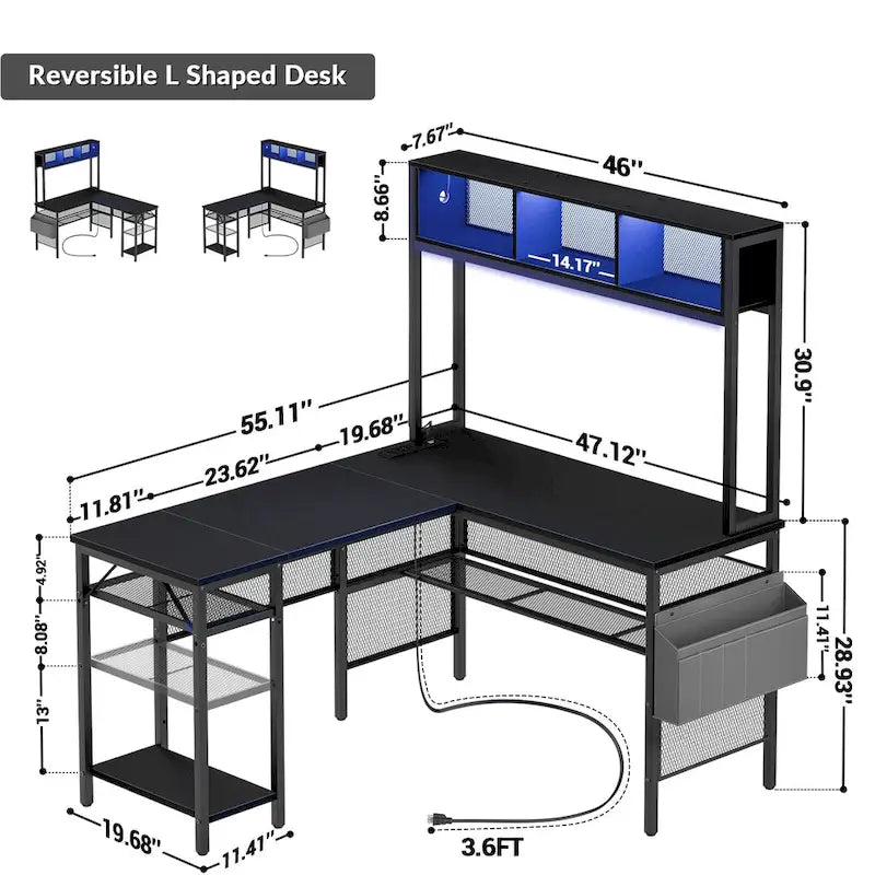 Bureau d'angle en L réversible avec étagères de rangement, bande LED et prises électriques, table de jeu