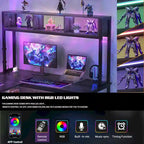 Bureau d'angle en L réversible avec étagères de rangement, bande LED et prises électriques, table de jeu