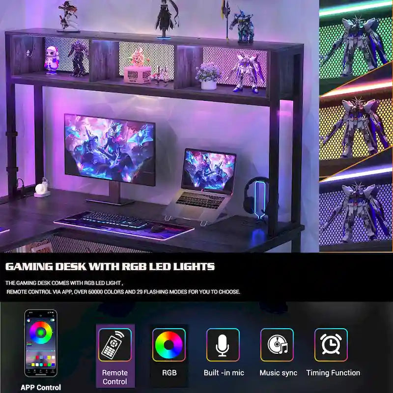 Bureau d'angle en L réversible avec étagères de rangement, bande LED et prises électriques, table de jeu