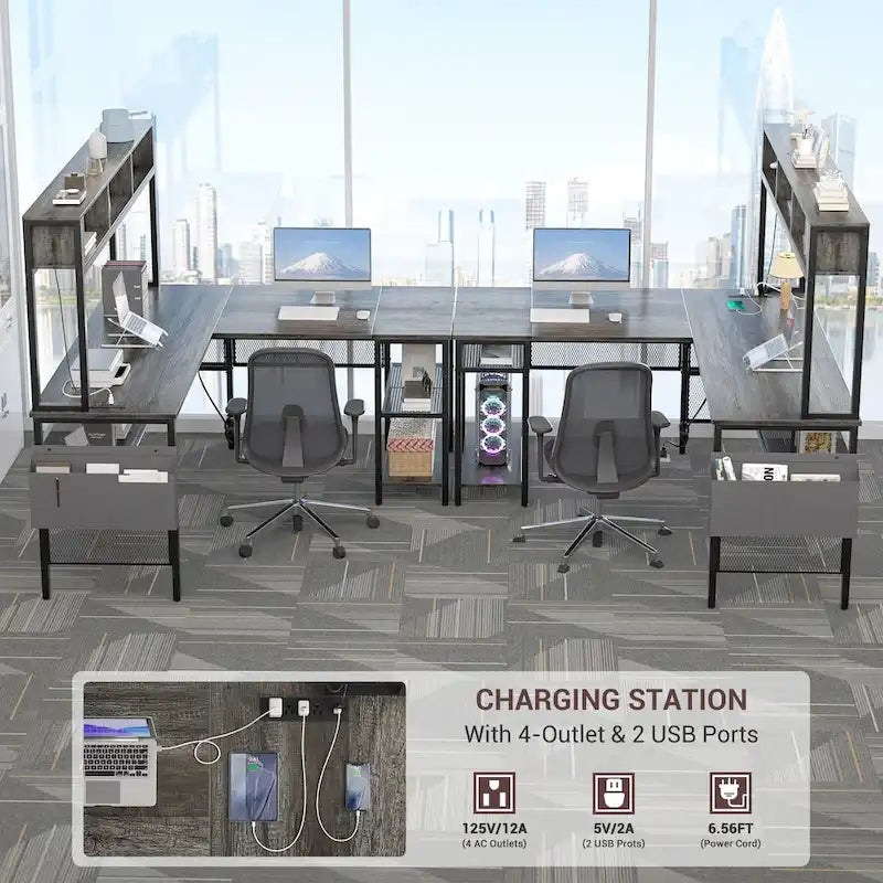 Bureau d'angle en L réversible avec étagères de rangement, bande LED et prises électriques, table de jeu