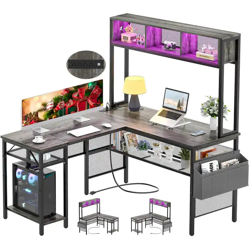 Bureau d'angle en L réversible avec étagères de rangement, bande LED et prises électriques, table de jeu