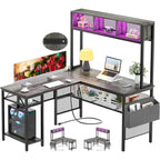 Bureau d'angle en L réversible avec étagères de rangement, bande LED et prises électriques, table de jeu