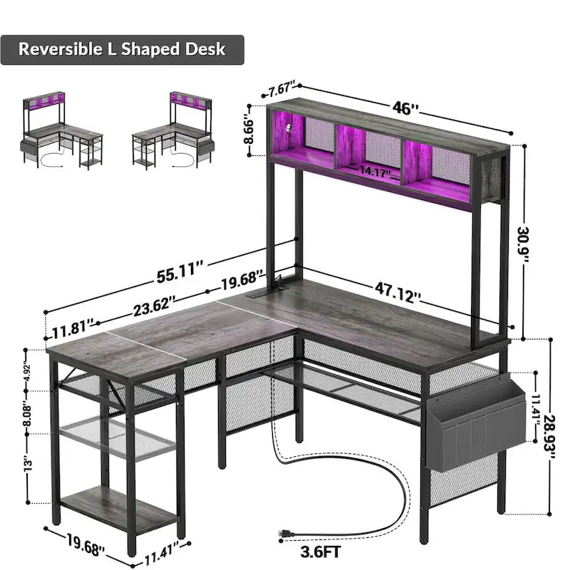 Bureau d'angle en L réversible avec étagères de rangement, bande LED et prises électriques, table de jeu