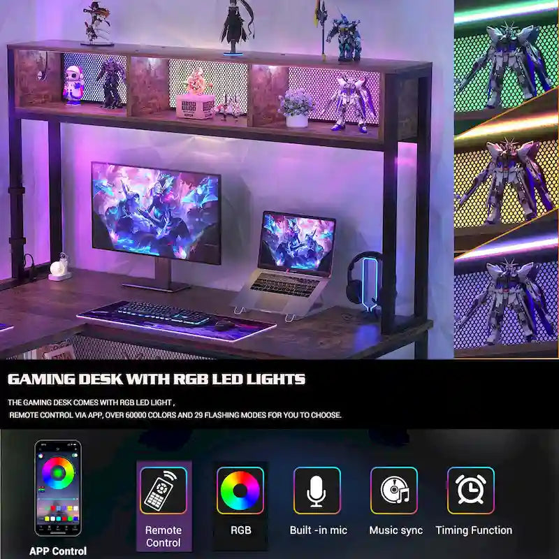 Bureau d'angle en L réversible avec étagères de rangement, bande LED et prises électriques, table de jeu