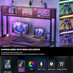 Bureau d'angle en L réversible avec étagères de rangement, bande LED et prises électriques, table de jeu