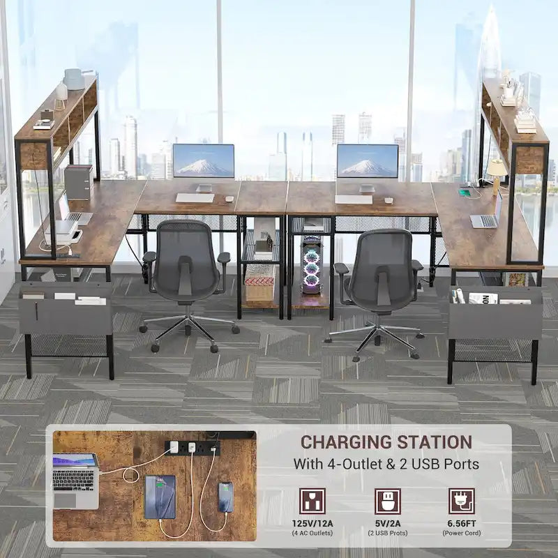 Bureau d'angle en L réversible avec étagères de rangement, bande LED et prises électriques, table de jeu