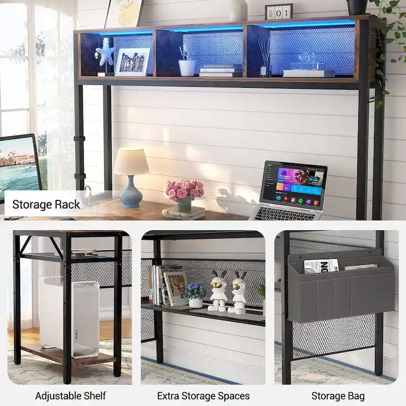 Bureau d'angle en L réversible avec étagères de rangement, bande LED et prises électriques, table de jeu