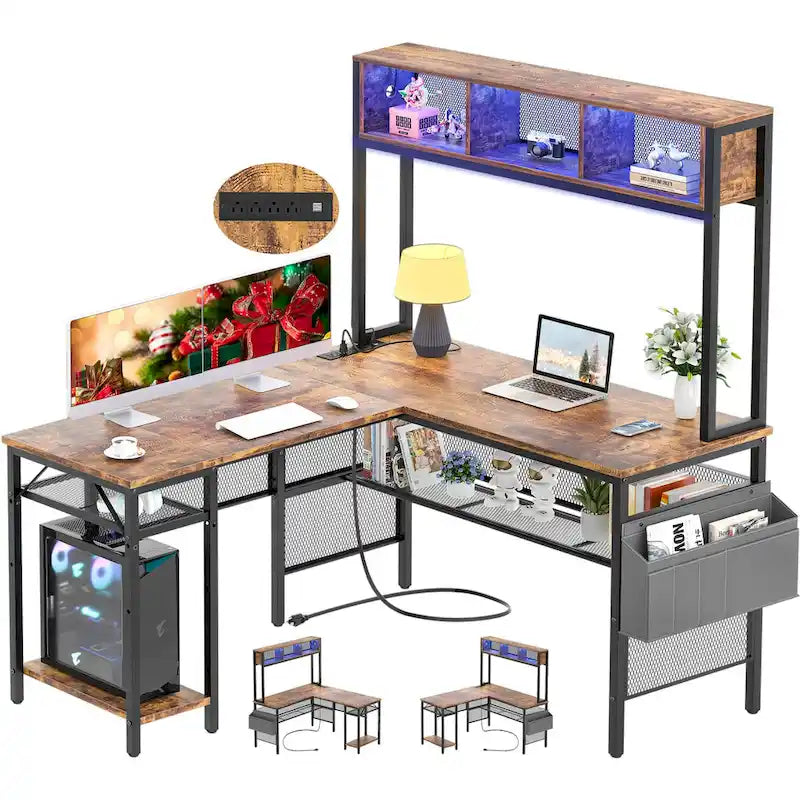Bureau d'angle en L réversible avec étagères de rangement, bande LED et prises électriques, table de jeu