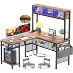 Bureau d'angle en L réversible avec étagères de rangement, bande LED et prises électriques, table de jeu