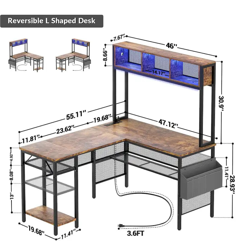 Bureau d'angle en L réversible avec étagères de rangement, bande LED et prises électriques, table de jeu