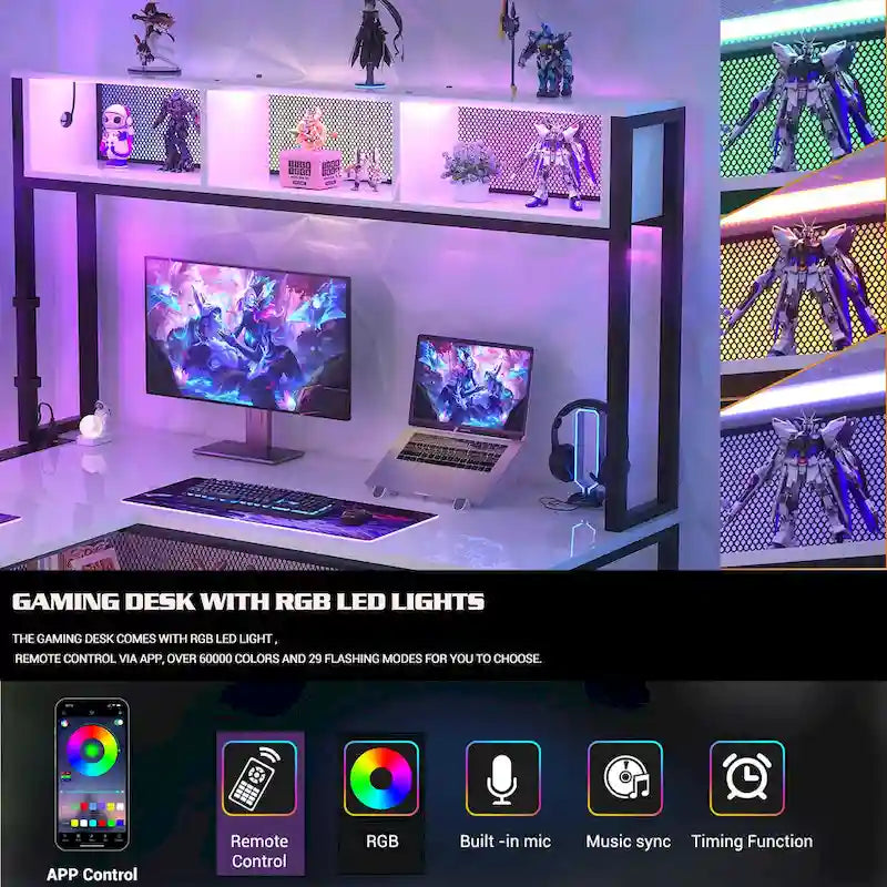 Bureau d'angle en L réversible avec étagères de rangement, bande LED et prises électriques, table de jeu