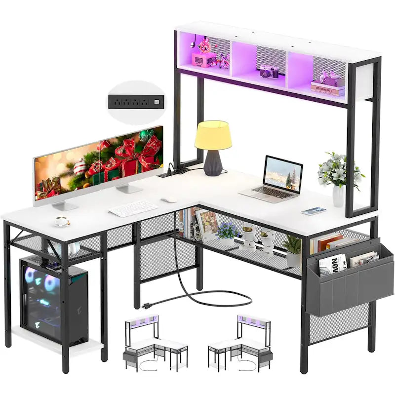 Bureau d'angle en L réversible avec étagères de rangement, bande LED et prises électriques, table de jeu