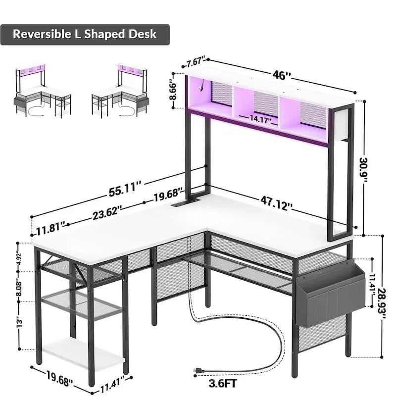 Bureau d'angle en L réversible avec étagères de rangement, bande LED et prises électriques, table de jeu