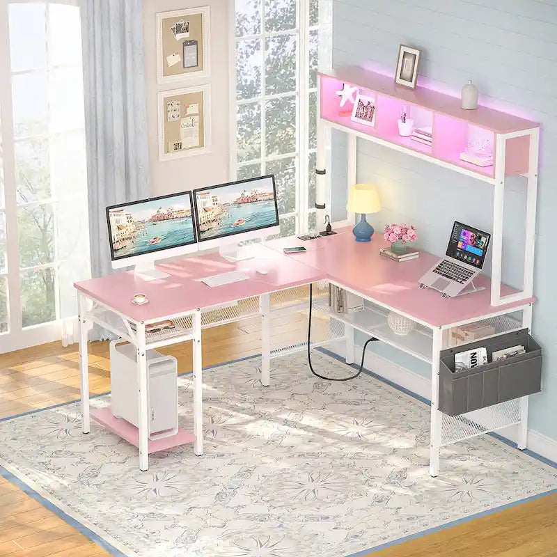 Bureau d'angle en L réversible avec étagères de rangement, bande LED et prises électriques, table de jeu