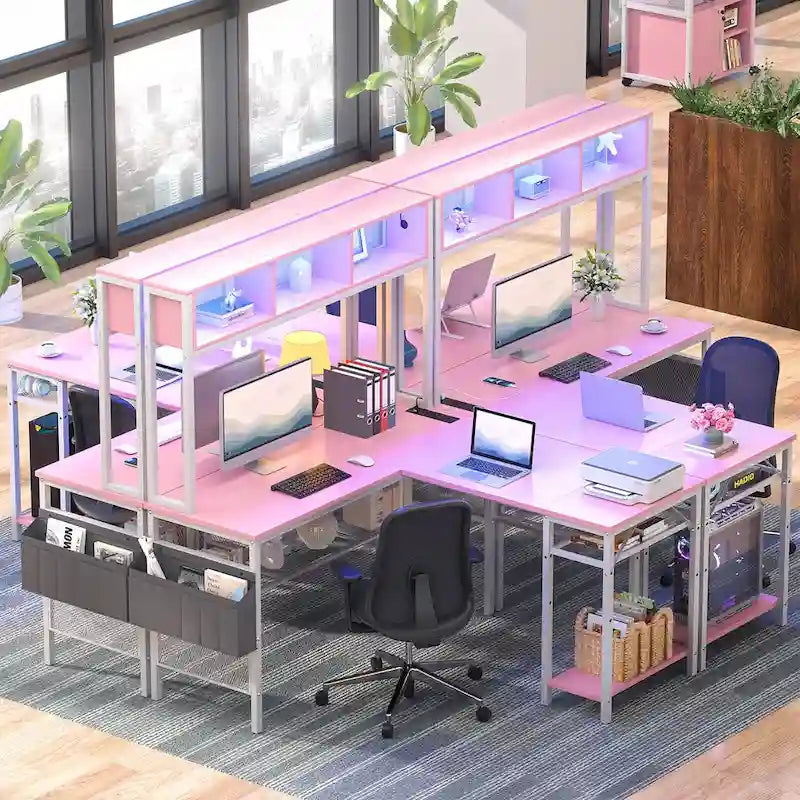 Bureau d'angle en L réversible avec étagères de rangement, bande LED et prises électriques, table de jeu