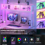 Bureau d'angle en L réversible avec étagères de rangement, bande LED et prises électriques, table de jeu