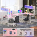 Bureau d'angle en L réversible avec étagères de rangement, bande LED et prises électriques, table de jeu