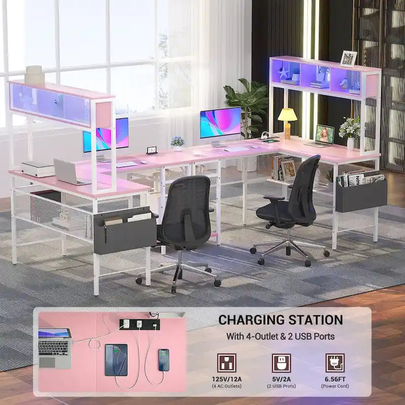 Bureau d'angle en L réversible avec étagères de rangement, bande LED et prises électriques, table de jeu