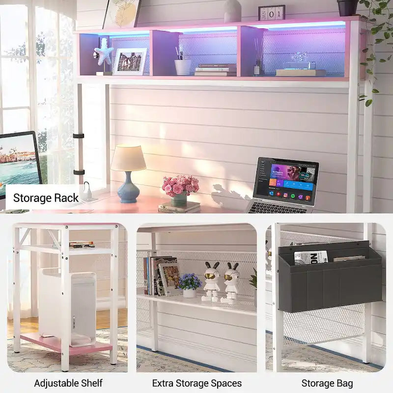 Bureau d'angle en L réversible avec étagères de rangement, bande LED et prises électriques, table de jeu