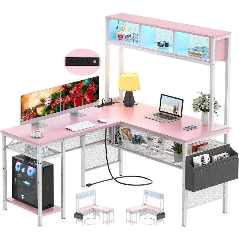 Bureau d'angle en L réversible avec étagères de rangement, bande LED et prises électriques, table de jeu