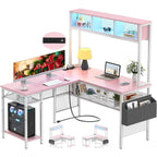 Bureau d'angle en L réversible avec étagères de rangement, bande LED et prises électriques, table de jeu