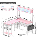 Bureau d'angle en L réversible avec étagères de rangement, bande LED et prises électriques, table de jeu