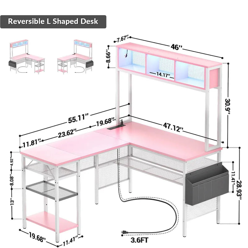 Bureau d'angle en L réversible avec étagères de rangement, bande LED et prises électriques, table de jeu