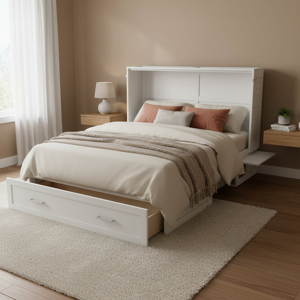 Versatile Queen Size Murphy Bed with Drawer and Side Shelves