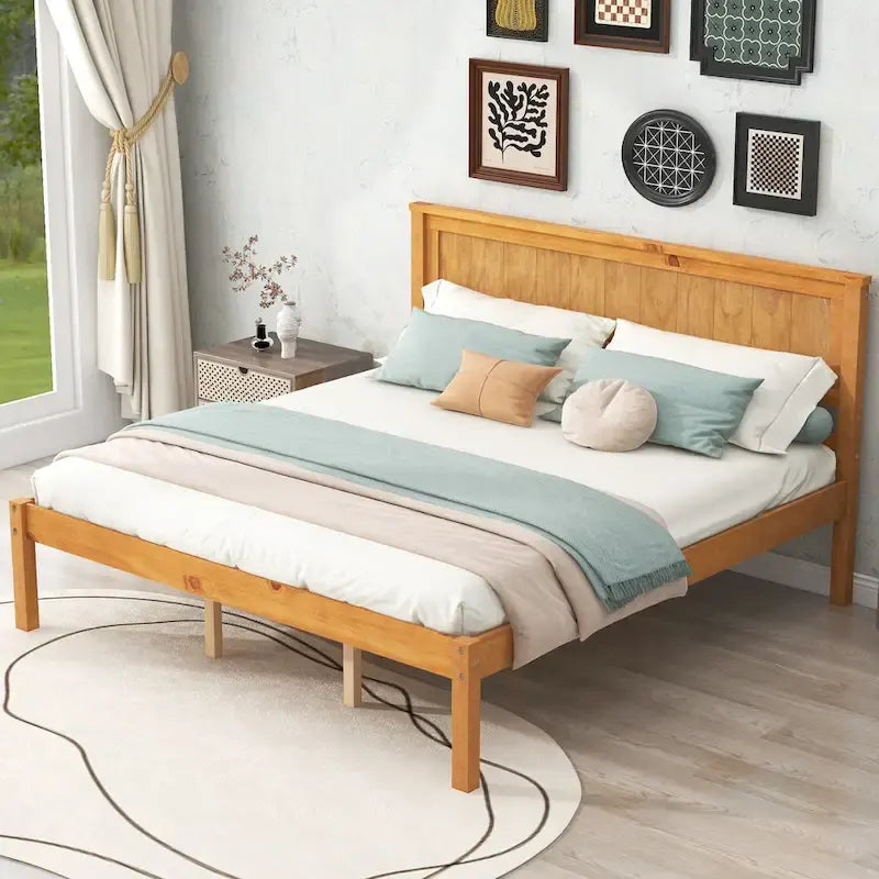 Lit plateforme en bois de pin avec tête de lit et support à lattes en bois pour chambre à coucher