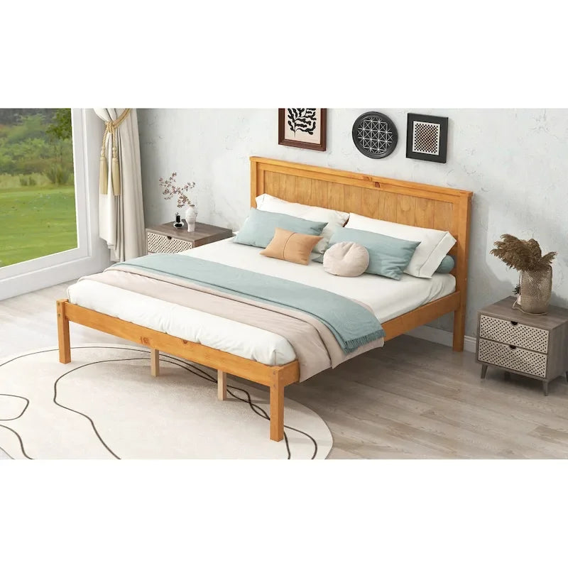 Lit plateforme en bois de pin avec tête de lit et support à lattes en bois pour chambre à coucher