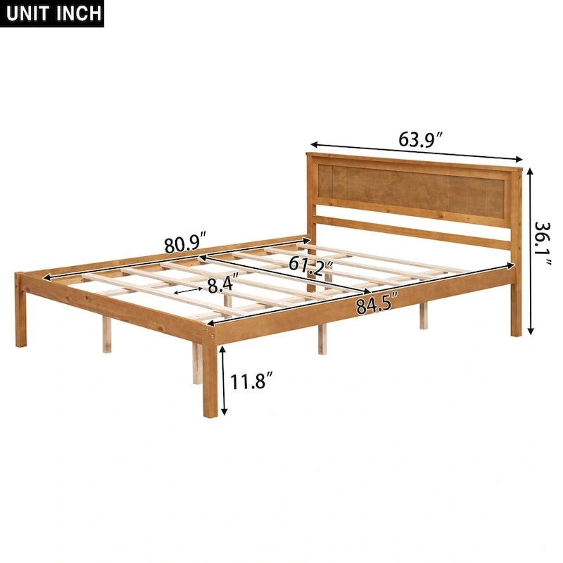 Lit plateforme en bois de pin avec tête de lit et support à lattes en bois pour chambre à coucher