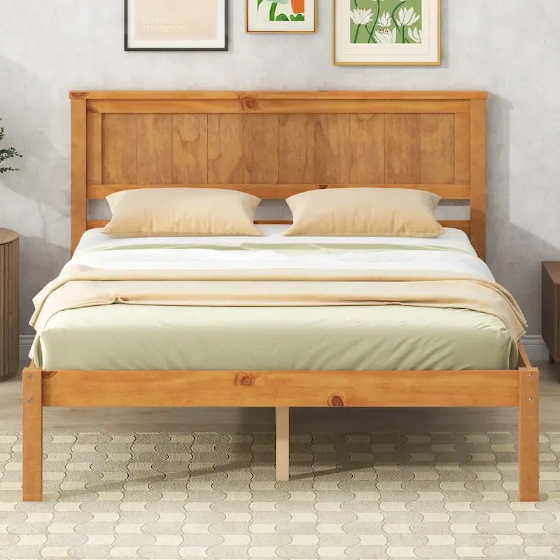 Lit plateforme en bois de pin avec tête de lit et support à lattes en bois pour chambre à coucher