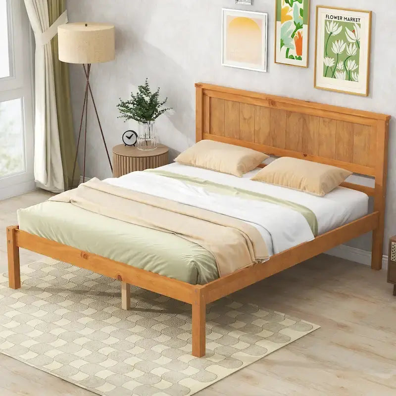 Lit plateforme en bois de pin avec tête de lit et support à lattes en bois pour chambre à coucher