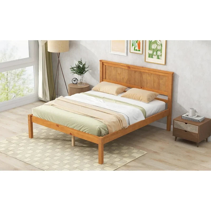 Lit plateforme en bois de pin avec tête de lit et support à lattes en bois pour chambre à coucher