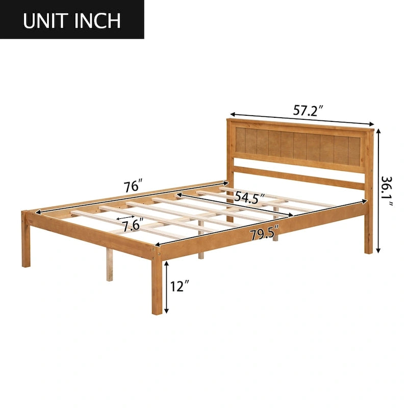 Lit plateforme en bois de pin avec tête de lit et support à lattes en bois pour chambre à coucher