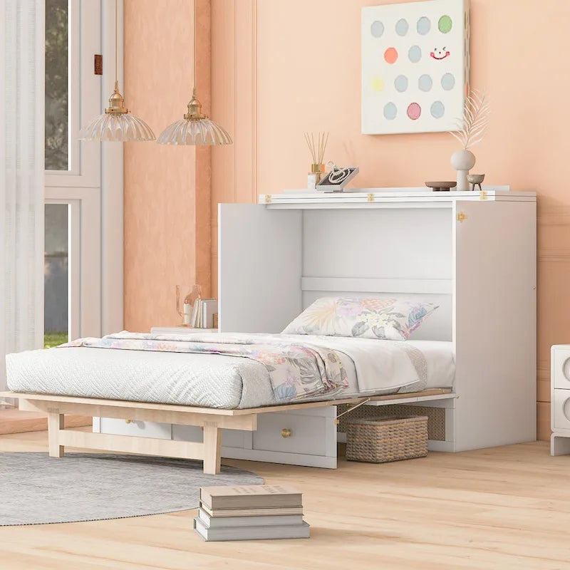 Lit escamotable moderne blanc de taille Queen avec rangement polyvalent et grands tiroirs pour chambre à coucher