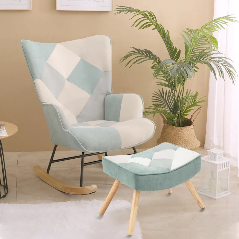 Fauteuil à bascule rembourré bleu coloré et moderne de 90 cm de haut avec ottoman et pieds en bois pour salon