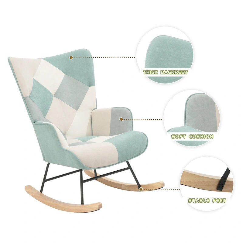 Fauteuil à bascule rembourré bleu coloré et moderne de 90 cm de haut avec ottoman et pieds en bois pour salon