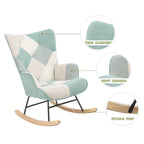 Fauteuil à bascule rembourré bleu coloré et moderne de 90 cm de haut avec ottoman et pieds en bois pour salon