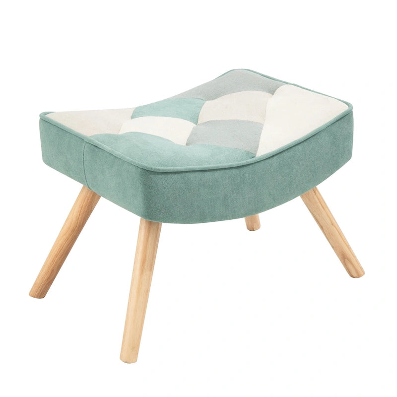 Fauteuil à bascule rembourré bleu coloré et moderne de 90 cm de haut avec ottoman et pieds en bois pour salon