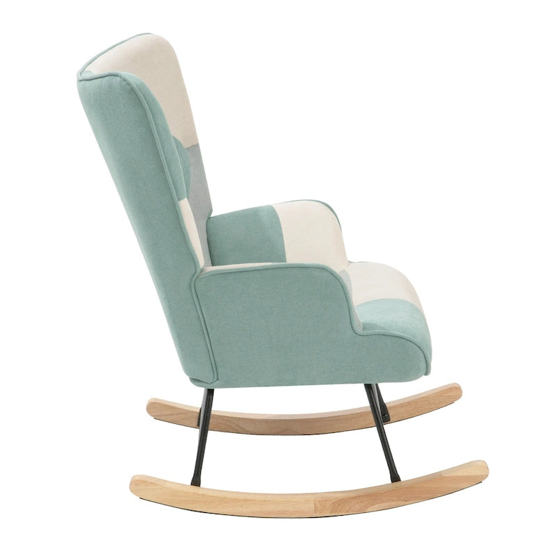 Fauteuil à bascule rembourré bleu coloré et moderne de 90 cm de haut avec ottoman et pieds en bois pour salon