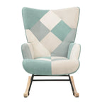 Fauteuil à bascule rembourré bleu coloré et moderne de 90 cm de haut avec ottoman et pieds en bois pour salon