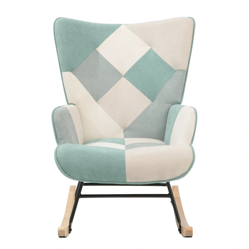Fauteuil à bascule rembourré bleu coloré et moderne de 90 cm de haut avec ottoman et pieds en bois pour salon