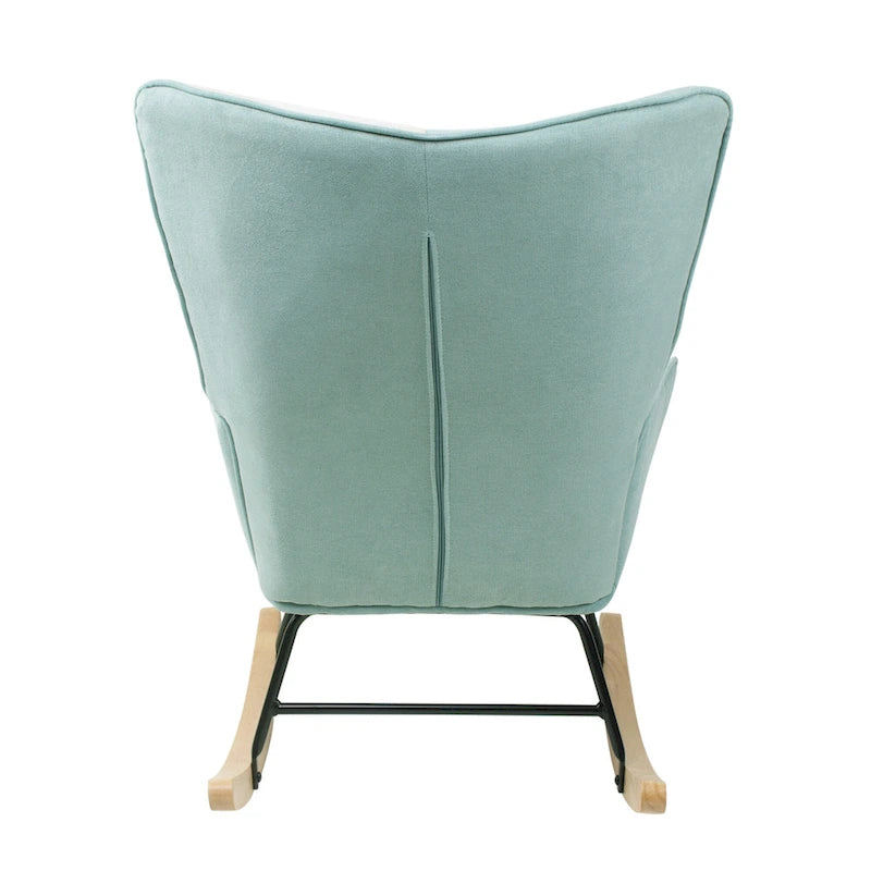 Fauteuil à bascule rembourré bleu coloré et moderne de 90 cm de haut avec ottoman et pieds en bois pour salon
