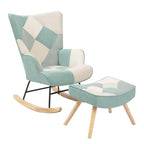 Fauteuil à bascule rembourré bleu coloré et moderne de 90 cm de haut avec ottoman et pieds en bois pour salon