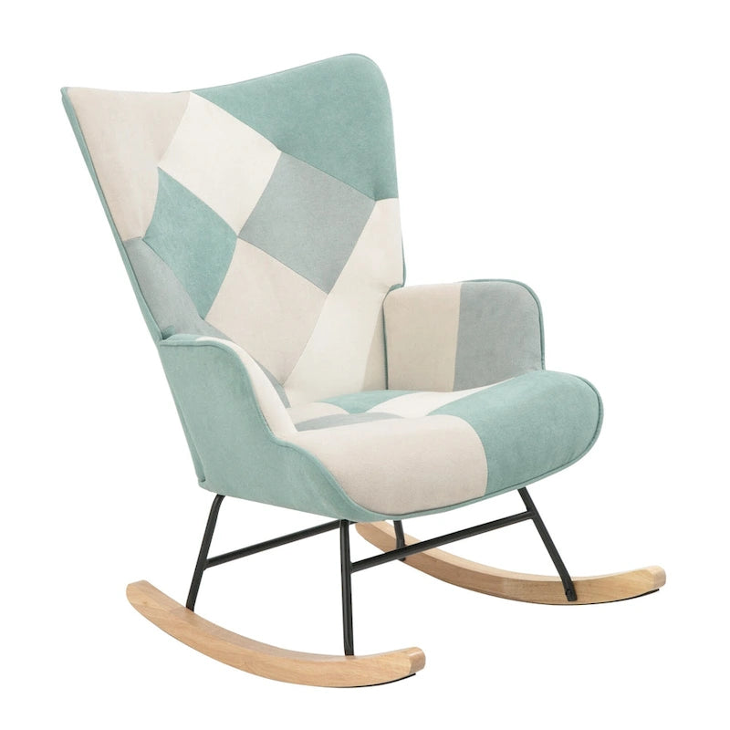 Fauteuil à bascule rembourré bleu coloré et moderne de 90 cm de haut avec ottoman et pieds en bois pour salon