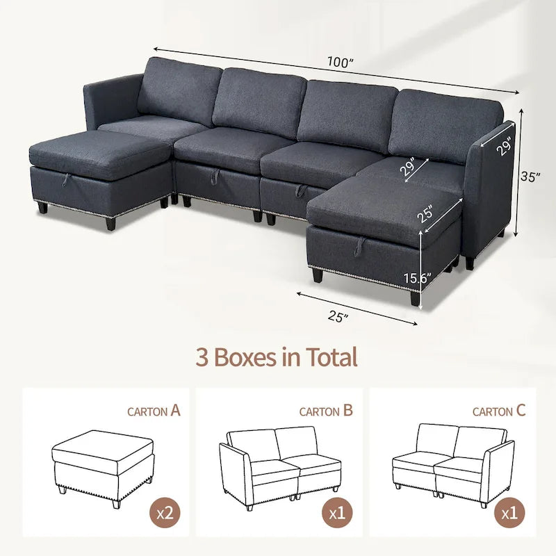 Grand canapé d'angle en U 6 places avec rangement, méridienne réversible et coussins moelleux et profonds