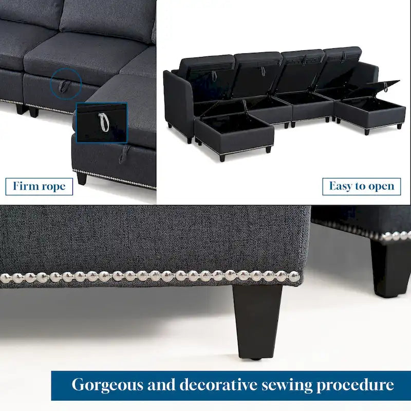 Grand canapé d'angle en U 6 places avec rangement, méridienne réversible et coussins moelleux et profonds