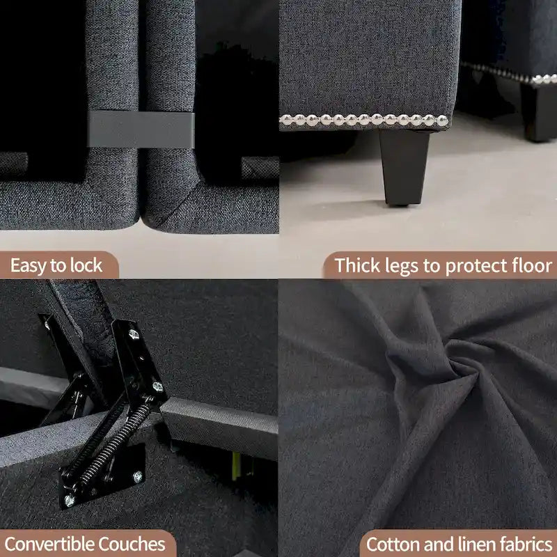Grand canapé d'angle en U 6 places avec rangement, méridienne réversible et coussins moelleux et profonds