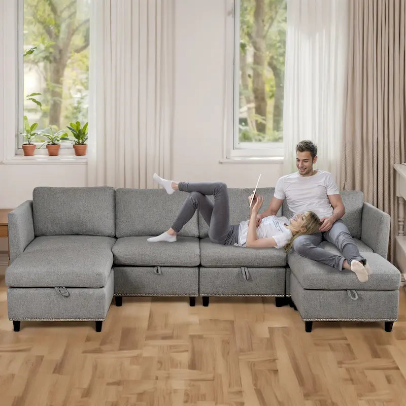 Grand canapé d'angle en U 6 places avec rangement, méridienne réversible et coussins moelleux et profonds